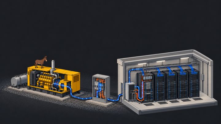 Illustration of a diesel generator feeding switchgear and a row of server racks.