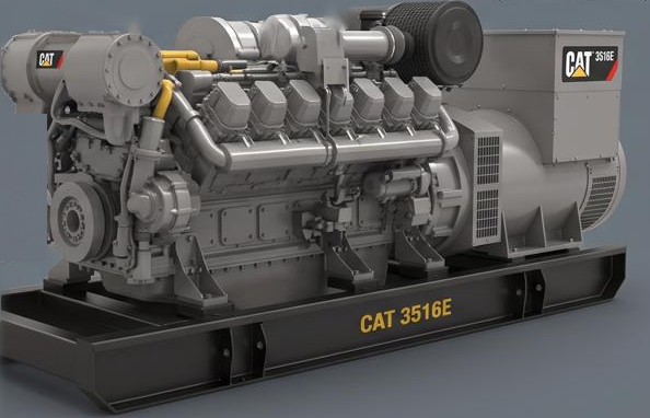Three-quarter view of a Caterpillar 3516E generator set on a black skid: CAT-branded exhaust muffler at the left, V16 engine block through the centre, alternator at the right, ‘CAT 3516E’ lettered on the skid rail.